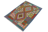 Flat Weave Kilim Antique Navaho Vintage handmade Geometric Kilim Rust Blue Hand-Woven Rectangle 100% Wool Area Rug 3x5